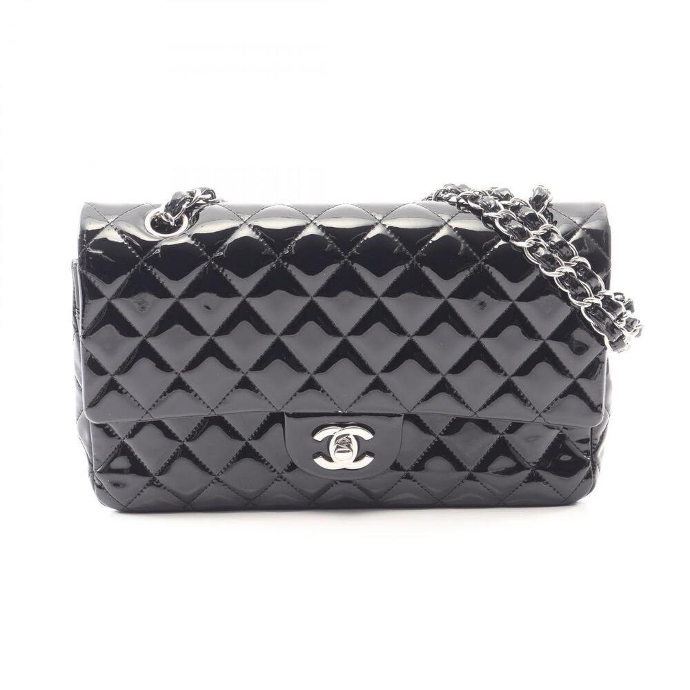 Chanel Matelasse Double Flap Shoulder Bag Patent Vernis Leather Black